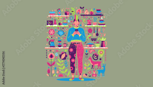 Stylized person on phone in a vibrant maximalist kitchen illustration with plants and decor