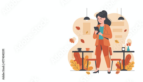 Angry businesswoman checks phone in an autumn cafe Frustration bad news technology trouble