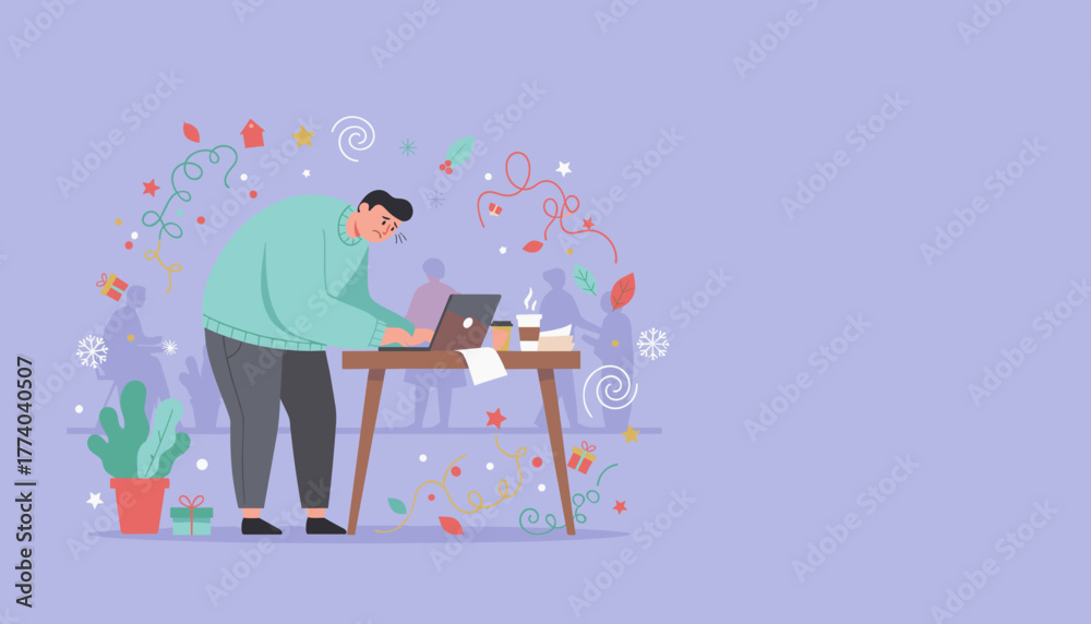 Obraz premium Tired man working during festive season struggling with workplace burnout and holiday stress