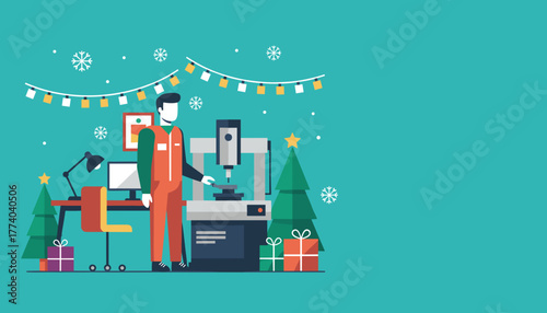 Industry worker operating machinery in a workshop decorated for the Christmas holidays