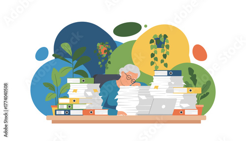 Exhausted senior worker asleep on desk overwhelmed by huge piles of paperwork and stress