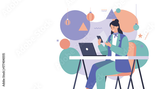 Professional woman works digitally on phone and laptop Remote business concept