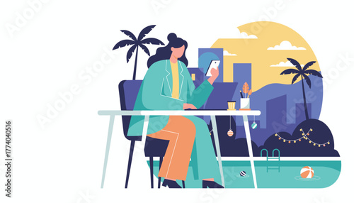 Businesswoman works remotely on laptop and phone by a pool in a tropical city setting