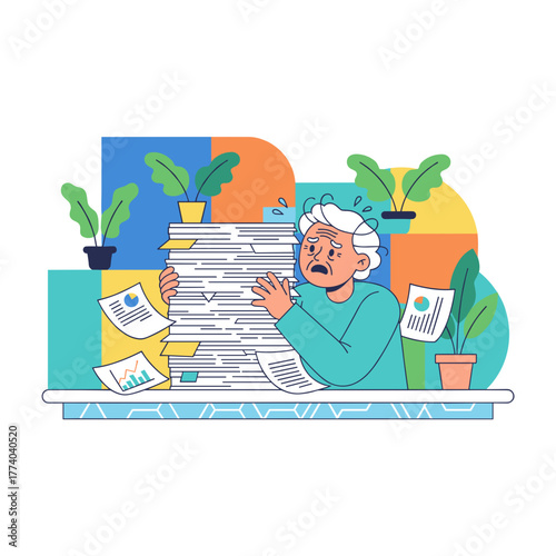 Overwhelmed senior worker struggling with a huge pile of office documents and excessive bureaucracy