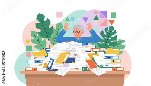 Overwhelmed senior employee drowning in papers and folders suffering from stress and heavy workload
