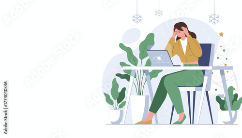Stressed woman working on laptop during holidays Deadline pressure or corporate burnout concept