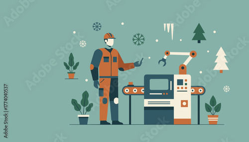 Worker supervises automated manufacturing line and robotic arm in stylized winter industrial scene