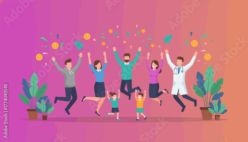Diverse team and doctor jumping in celebration showing success healthcare wealth and achievement