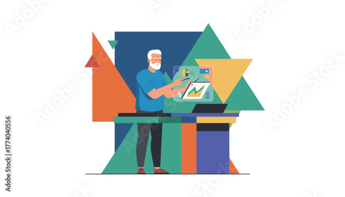 Senior man analyzing data on a futuristic holographic screen using modern technology for business analysis