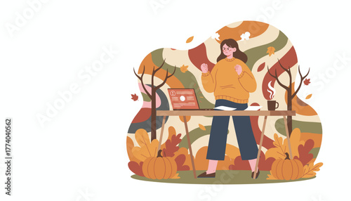 Stressed woman clenches fists dealing with work errors on laptop in cozy autumn setting