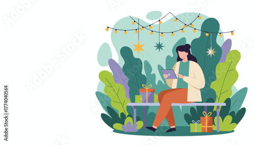 A woman uses a tablet surrounded by gifts plants and festive string lights Shopping holiday digital connection