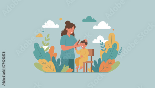 Woman combs happy boys hair in a nature setting Family care parenting and childhood wellness vector