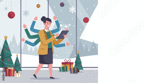 Multitasking businesswoman handling holiday tasks on a tablet in a snowy office