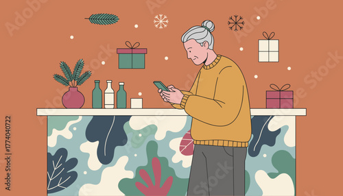 Flat vector illustration of a senior woman using a mobile phone in a festive winter setting