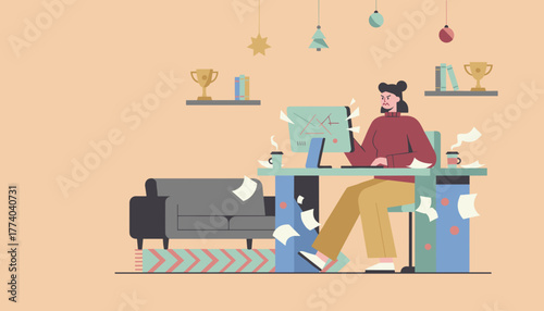 Overworked remote worker facing stress and deadlines in a messy home office burnout illustration