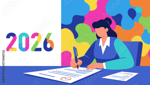 Professional woman signing a contract for 2026 planning future goals and business agreement