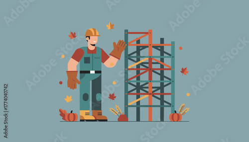 Construction worker in hard hat next to scaffolding with autumn leaves and pumpkins