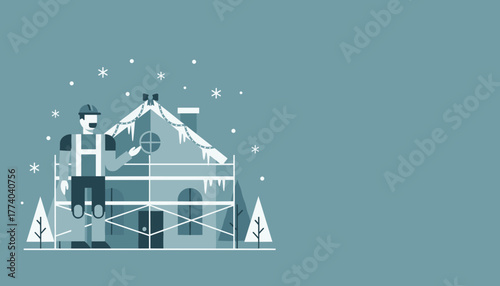 Builder repairing a house roof decorated for Christmas in winter snow illustration with copy space