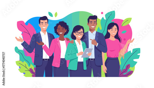 A diverse team of five business professionals smiling collaborating and presenting ideas