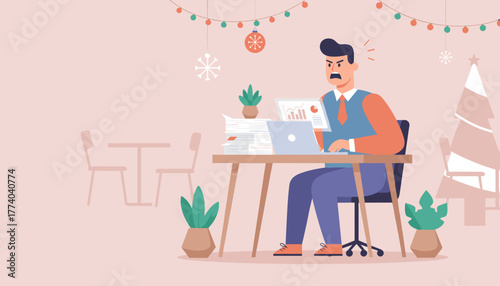 Angry businessman working late during the Christmas holidays stressed by excessive workload and looming deadlines