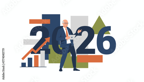 2026 business forecast Senior executive planning financial growth with tablet and up arrow graphic