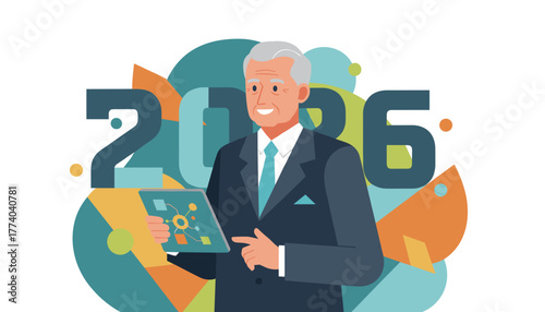 2026 business vision Smiling senior executive uses technology for future planning