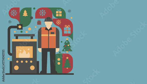 Heating technician illustration with boiler and festive holiday elements for winter service