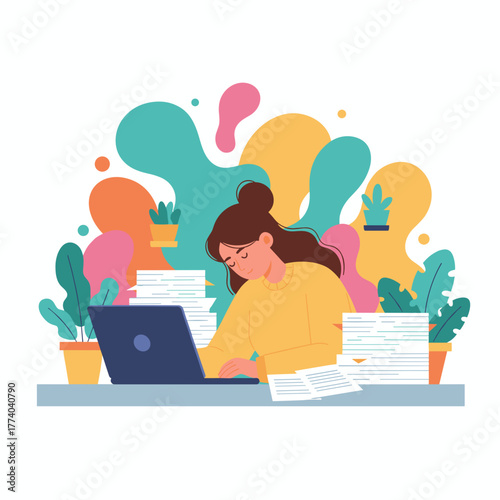 Busy woman working on laptop surrounded by large stacks of paperwork and potted plants