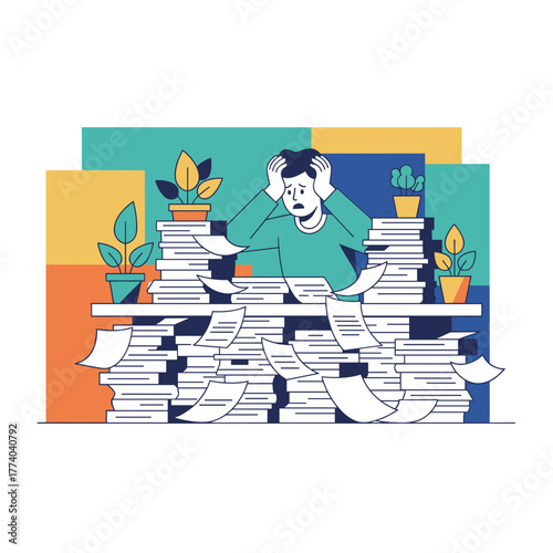 Stressed worker overwhelmed by huge piles of paperwork and bureaucracy Deadline pressure and overload concept