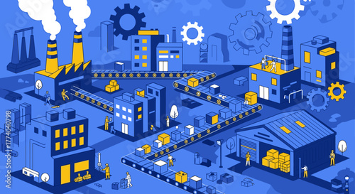 Isometric illustration of a vast automated factory complex with conveyor belts and workers