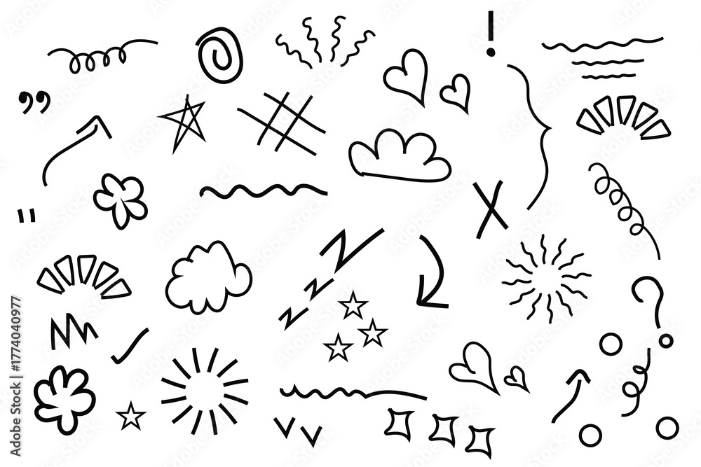 Obraz premium Hand drawn doodle icons with arrows hearts stars clouds and fun abstract sketch symbols, Creative black doodle art collection featuring hearts stars arrows clouds and cute shapes