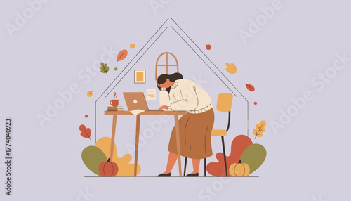 Exhausted woman working from home Autumn seasonal burnout and remote work stress concept