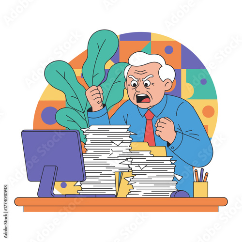 Overwhelmed businessman yelling at desk full of excessive documents symbolizing stress and heavy workload
