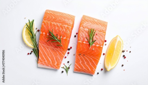Fresh salmon fillets seasoned with herbs and lemon slices on a bright white background