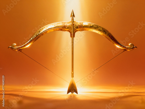 Ornate Golden Bow and Arrow with Majestic Uplight, Symbolizing Sagittarius, Victory, Dharma, and Lord Rama