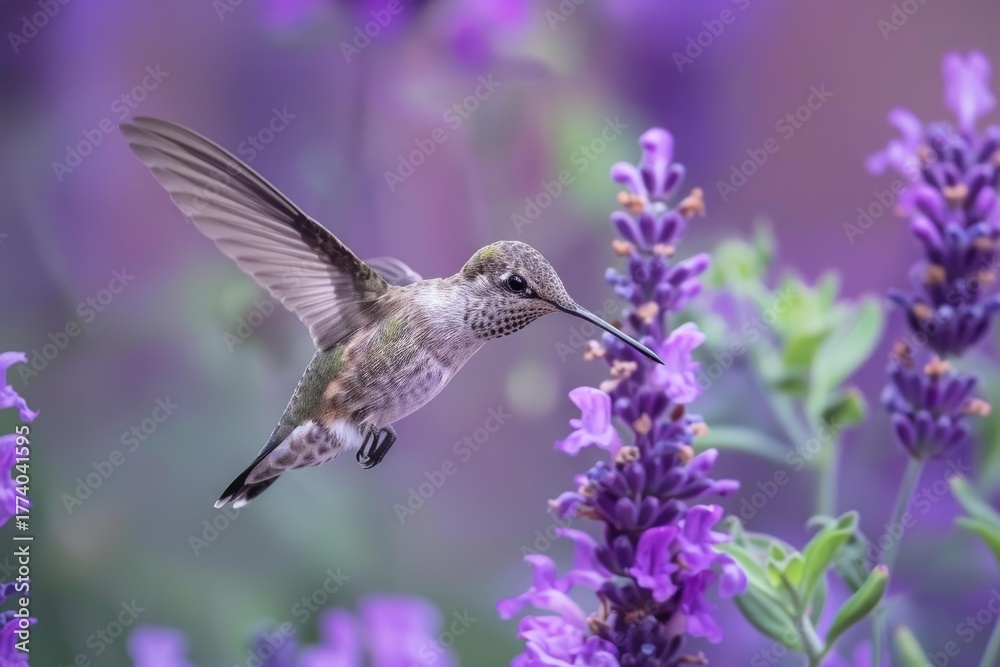 Fototapeta premium Beautiful hummingbird with spread wings drinking nectar from vibrant purple lavender flowers