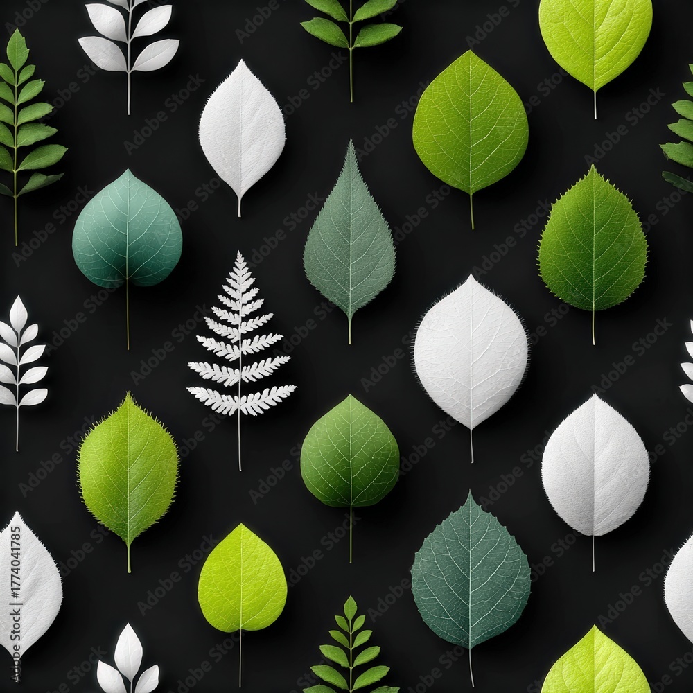 Obraz premium Seamless minimalist pattern on the topic of ecology, green leaves on a black background