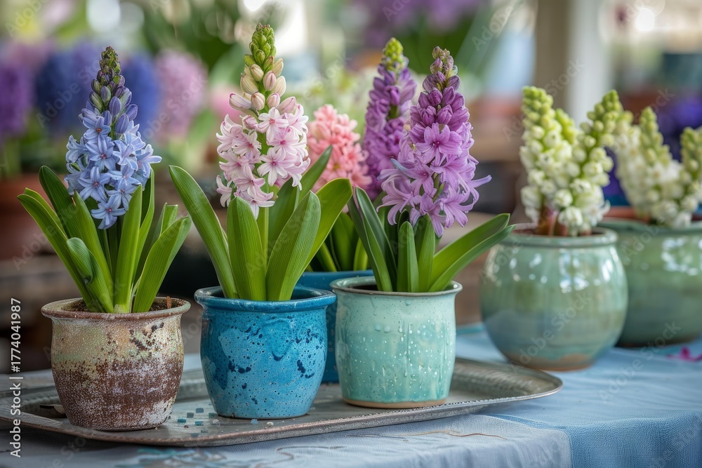 Obraz premium Hyacinth flowers adding a touch of spring to home decor, displayed in colorful ceramic pots