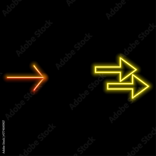 red neon arrow turning right. Traffic sign icon light glows red, glowing symbol with dark chat neon background icon. A bright red symbol with a dark background