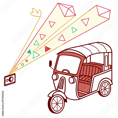 Illustration of tuk tuk with camera