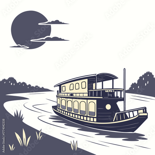 River cruise boat sailing under the moonlight