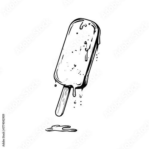 Sketch of a melting ice cream bar on a stick with drips and a puddle in black and white illustration