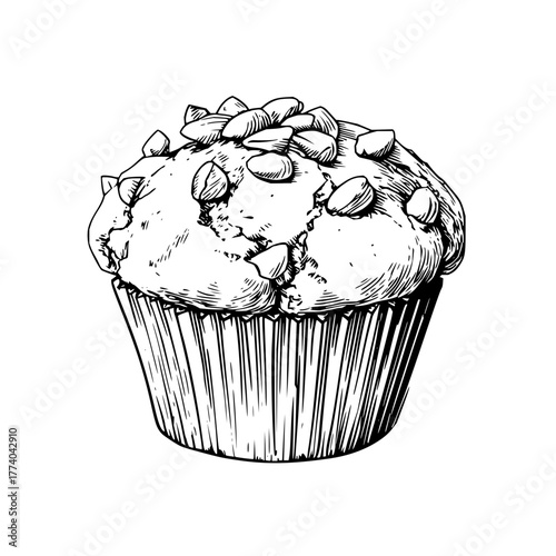 A detailed sketch of a muffin with nut toppings in a paper cup drawn in black and white illustration