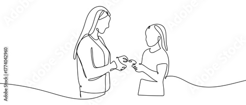 Mother and daughter facing each other, one continuous line. in simple linear style Vector illustration in doodle style Editable stroke.