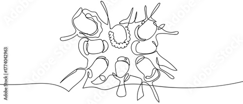 A group of people form a circle, one continuous line. in simple linear style Vector illustration in doodle style Editable stroke.