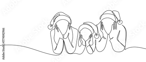 Family on Christmas Day, one continuous line in simple linear style Vector illustration in doodle style Editable stroke.