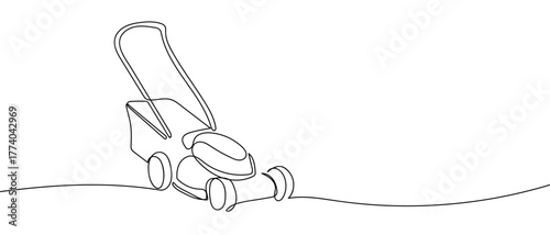 Lawn mower, lawn mower, one continuous line in simple linear style Vector illustration in doodle style Editable stroke.