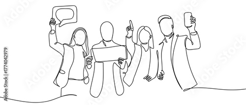 A group of business people holding signs, one continuous line. in simple linear style Vector illustration in doodle style Editable stroke.
