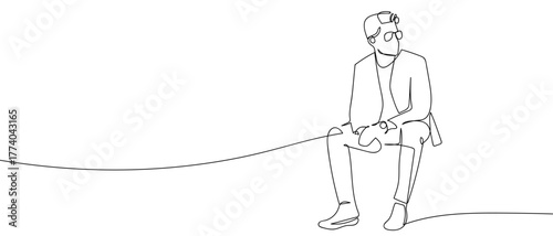 Handsome man sitting, one continuous line in simple linear style Vector illustration in doodle style Editable stroke.
