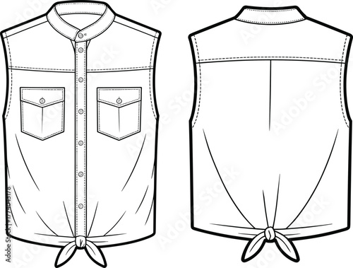 Women sleeveless shirt flat sketch, front tie knot blouse design, button down fashion top, vector apparel technical drawing illustration
